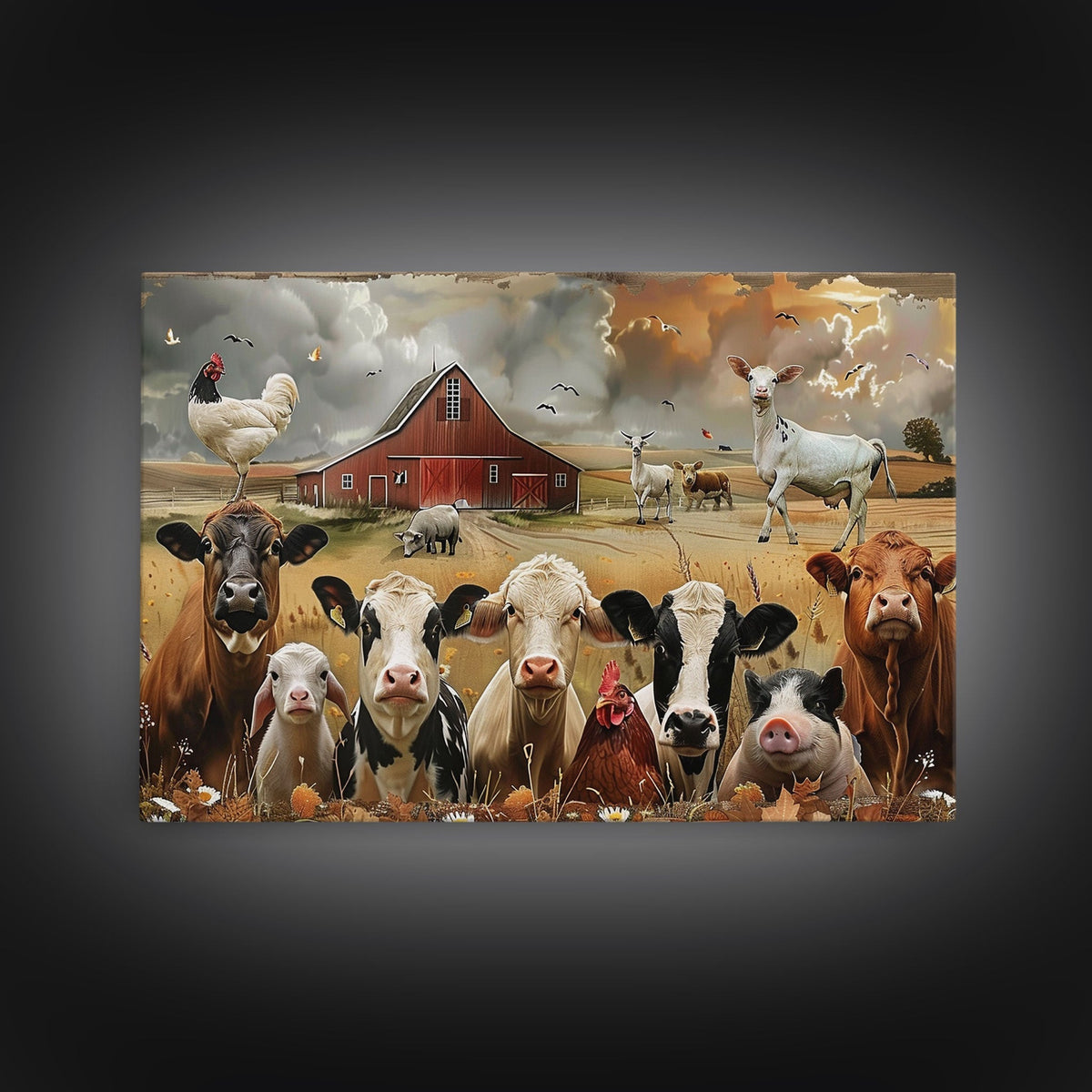 Kitsch Farmhouse Wall Art, Cute Farm Animals On A Fence, Cow Art, Pig Print, Red Barn Wall Art, Wood Framed Art - Quarter Circle AK Boutique