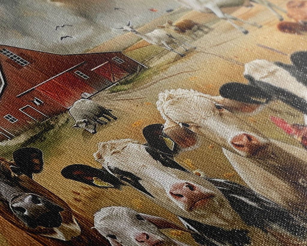 Kitsch Farmhouse Wall Art, Cute Farm Animals On A Fence, Cow Art, Pig Print, Red Barn Wall Art, Wood Framed Art - Quarter Circle AK Boutique