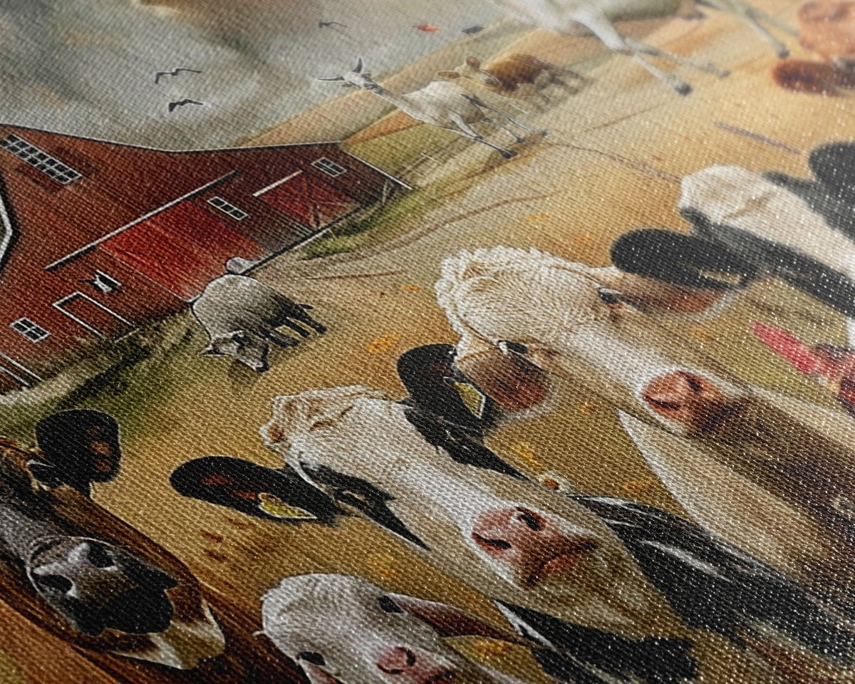 Kitsch Farmhouse Wall Art, Cute Farm Animals On A Fence, Cow Art, Pig Print, Red Barn Wall Art, Wood Framed Art - Quarter Circle AK Boutique