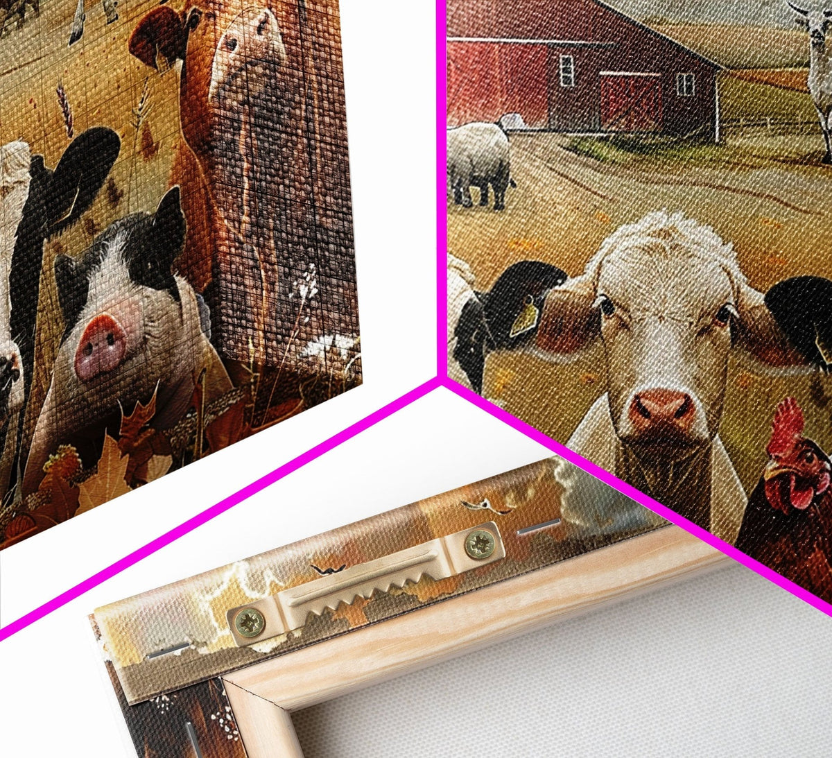 Kitsch Farmhouse Wall Art, Cute Farm Animals On A Fence, Cow Art, Pig Print, Red Barn Wall Art, Wood Framed Art - Quarter Circle AK Boutique
