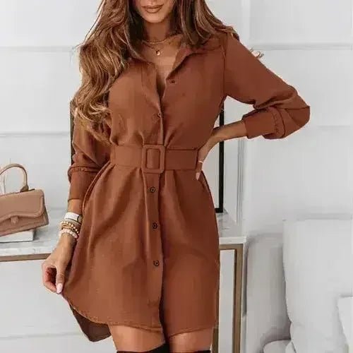 Knee-Length Casual A-Line Slim Fit Shirt Dress with Long Sleeves - Quarter Circle AK Boutique