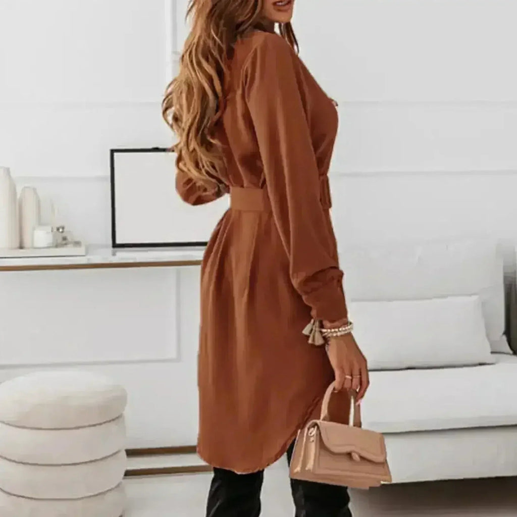 Knee-Length Casual A-Line Slim Fit Shirt Dress with Long Sleeves - Quarter Circle AK Boutique