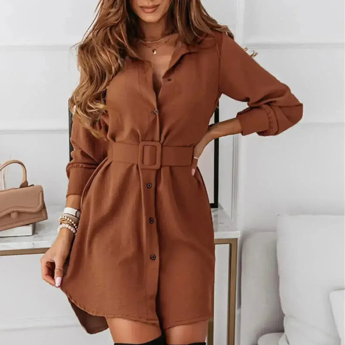 Knee-Length Casual A-Line Slim Fit Shirt Dress with Long Sleeves - Quarter Circle AK Boutique