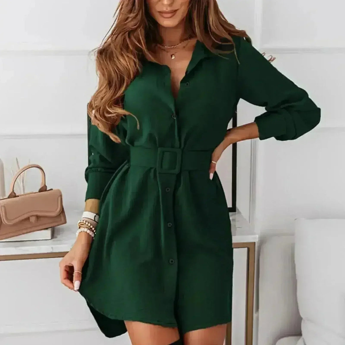 Knee-Length Casual A-Line Slim Fit Shirt Dress with Long Sleeves - Quarter Circle AK Boutique