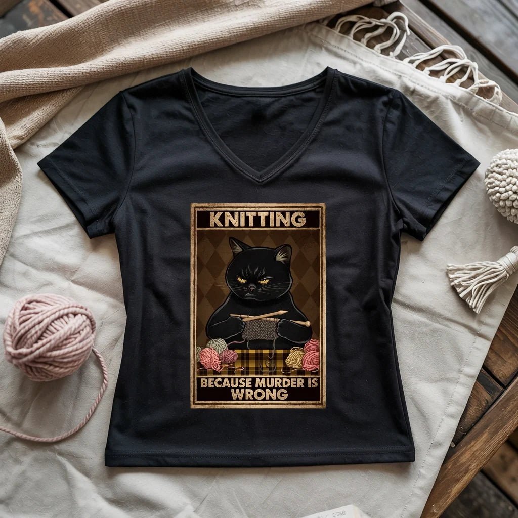 Knitting Because murder is wrong Lady V-neck - Quarter Circle AK Boutique