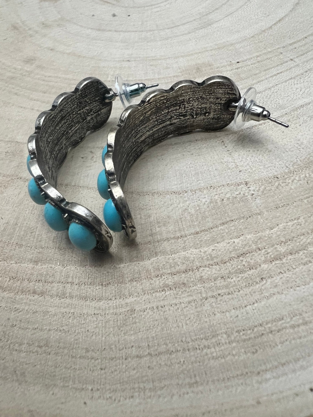 Large Western Faux Turquoise Hoop Earrings — Oxidized Stamped 2" Hoop
