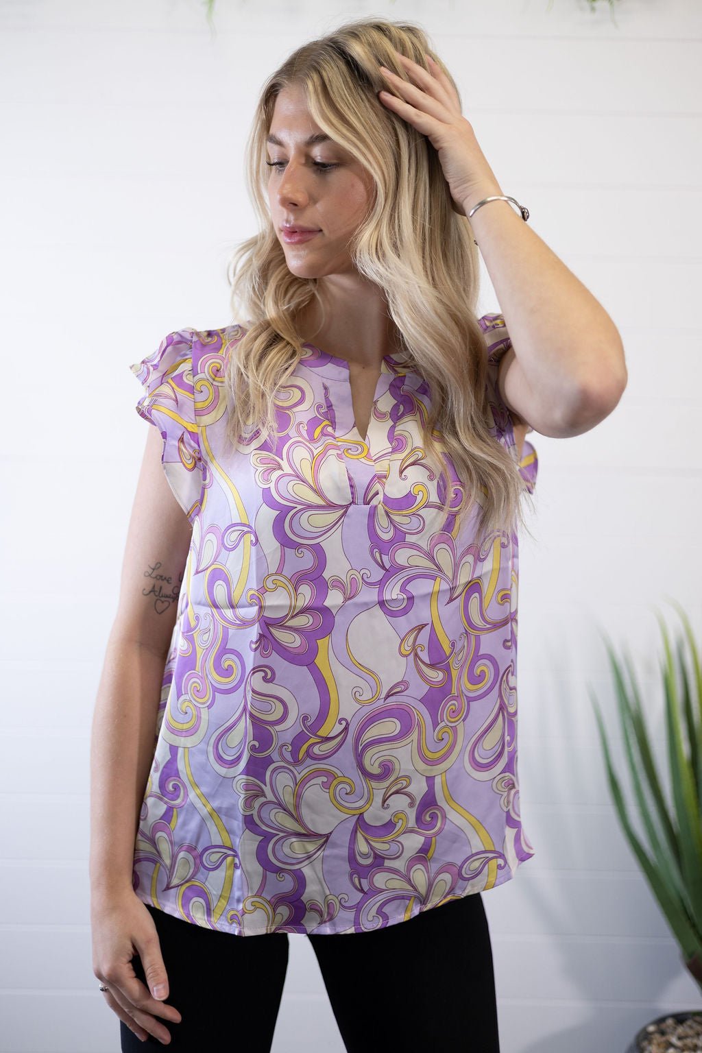 Andrée by Unit Lilac Split Neckline Western Satin Blouse — Flowy Sleeves Non-Sheer Summer Top (small and large remain)