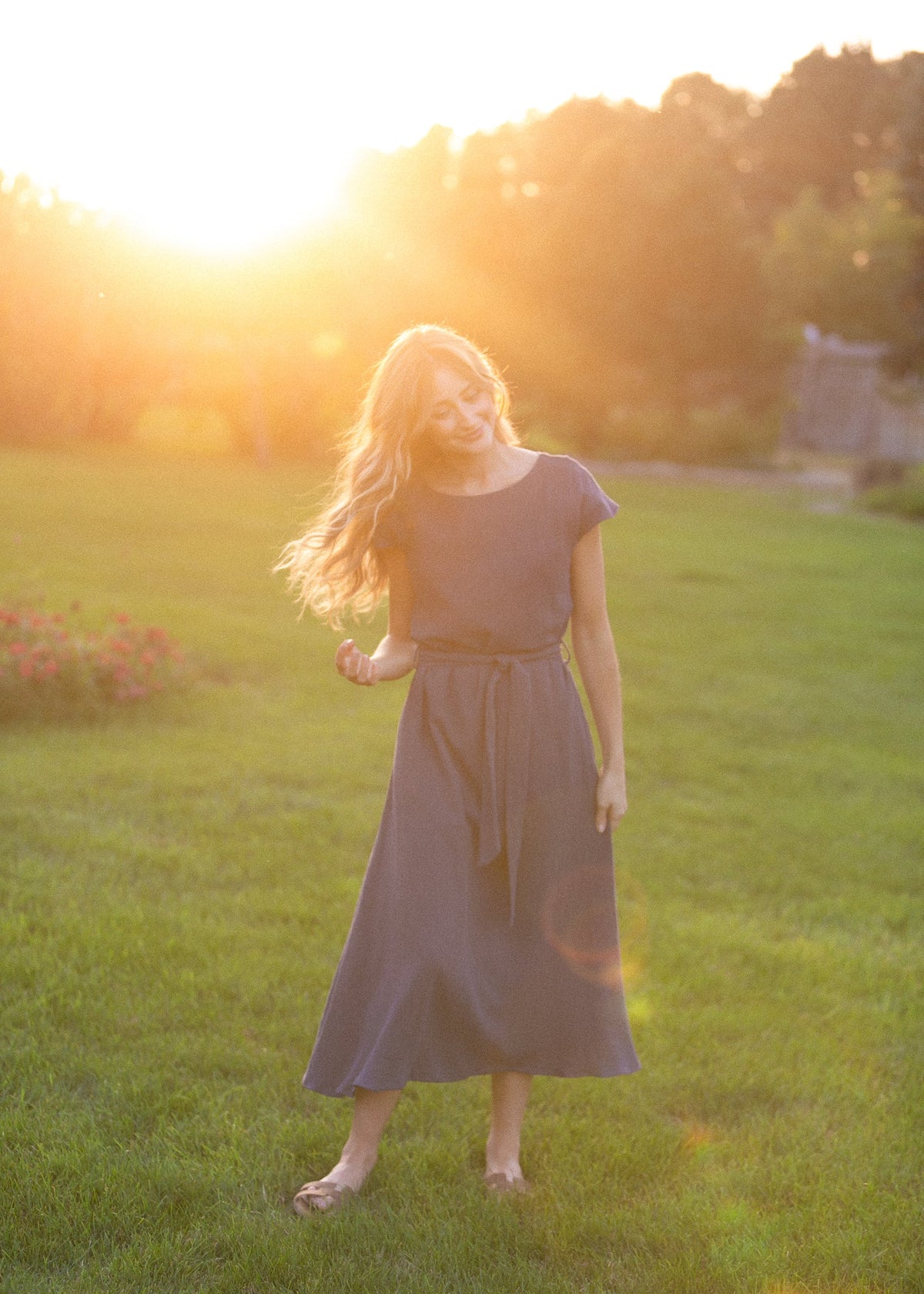 Lily Navy Gauze Belted Midi Dress - Quarter Circle AK Boutique
