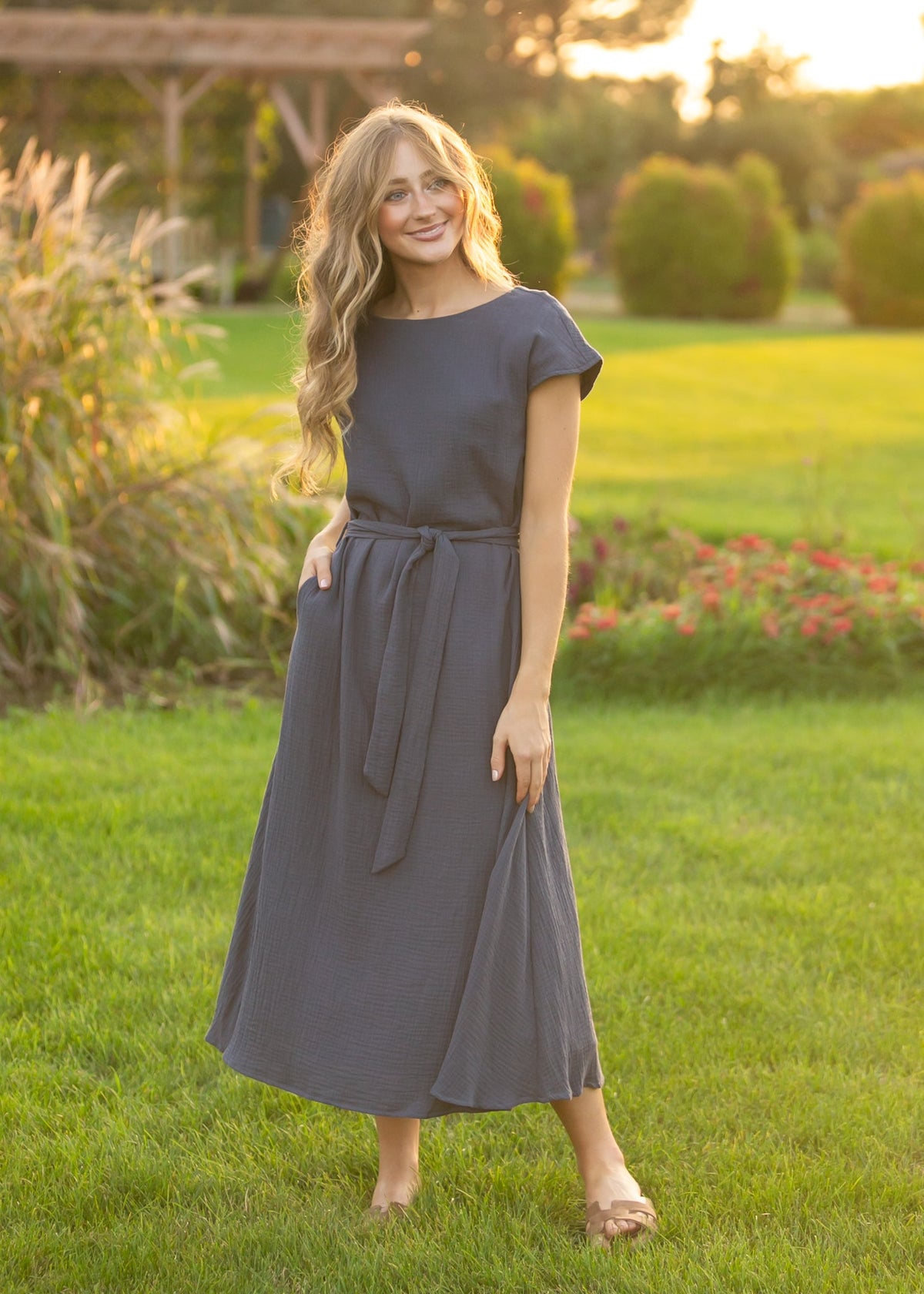 Lily Navy Gauze Belted Midi Dress - Quarter Circle AK Boutique