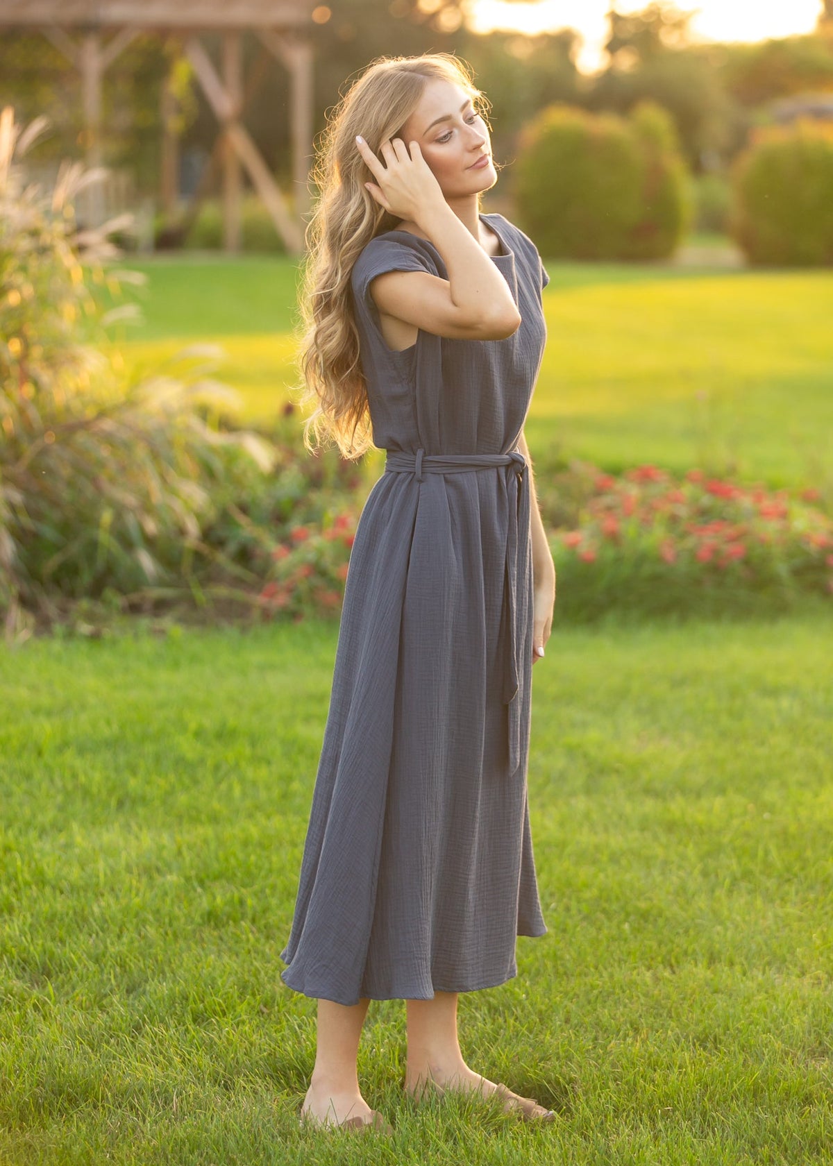 Lily Navy Gauze Belted Midi Dress - Quarter Circle AK Boutique