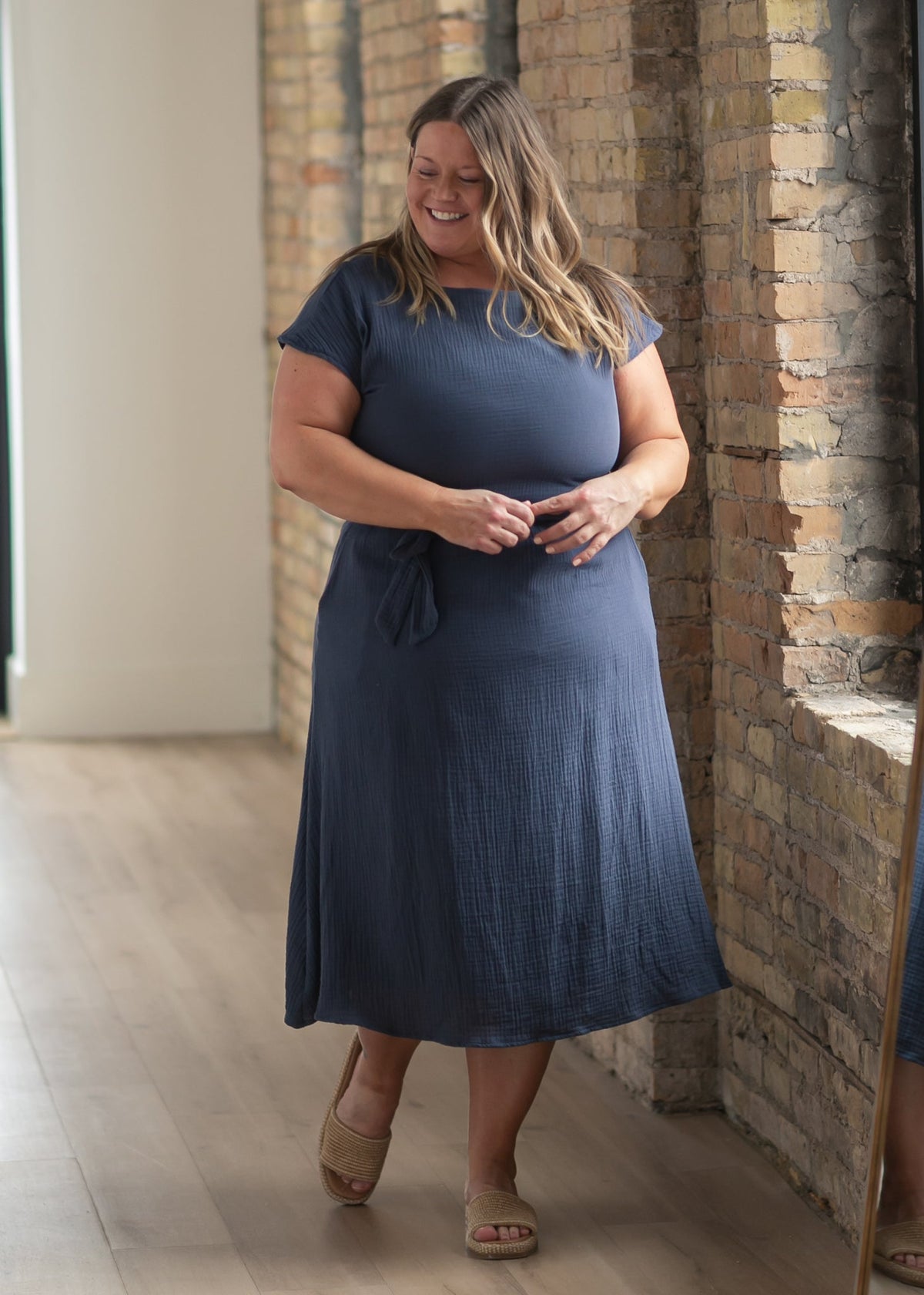 Lily Navy Gauze Belted Midi Dress - Quarter Circle AK Boutique