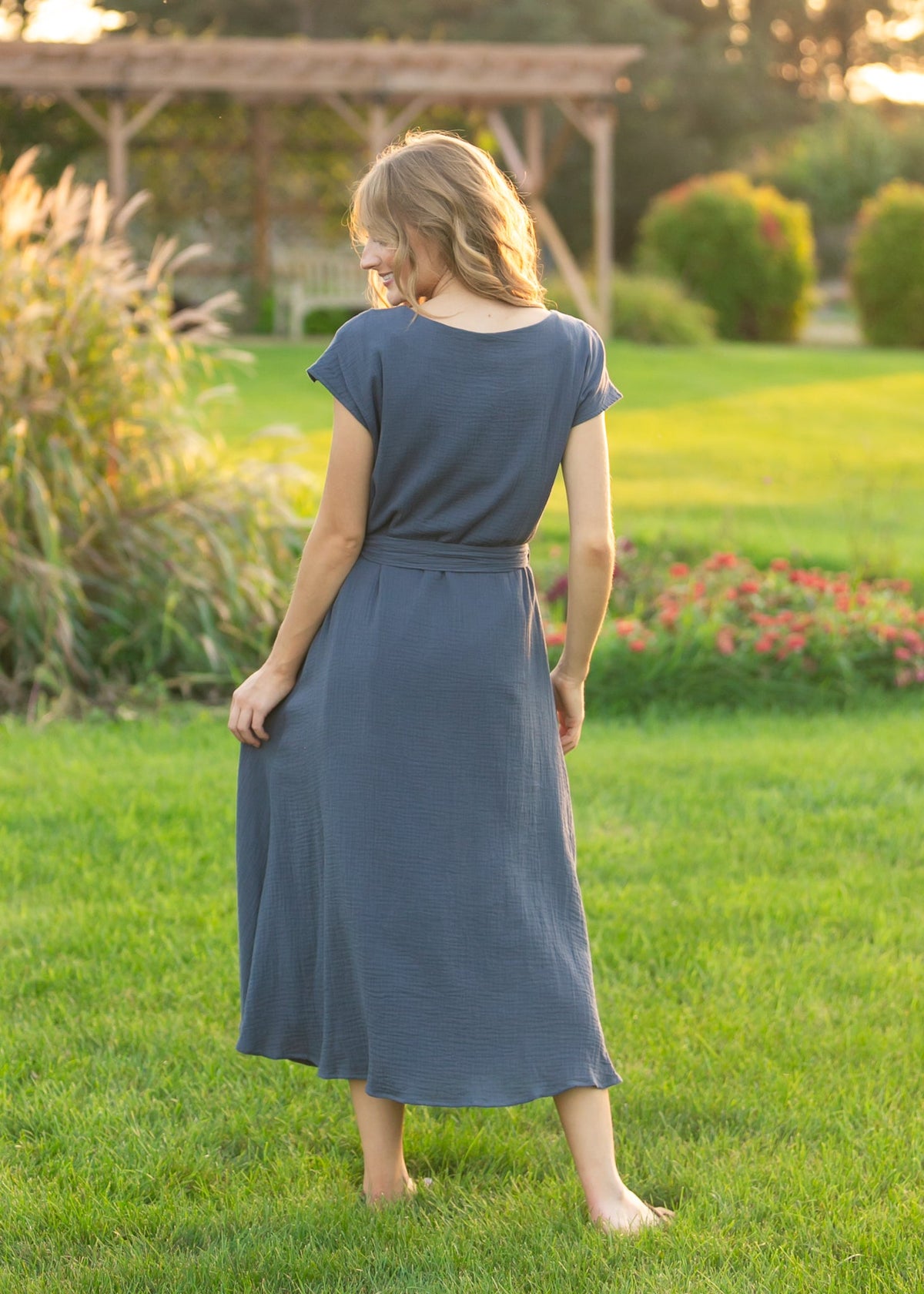 Lily Navy Gauze Belted Midi Dress - Quarter Circle AK Boutique