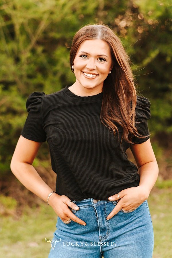 LUCKY & BLESSED "Midnight Western" Ribbed Puff Sleeve Top — Black Buttery-Soft Stretch Cowgirl Staple - Quarter Circle AK Boutique