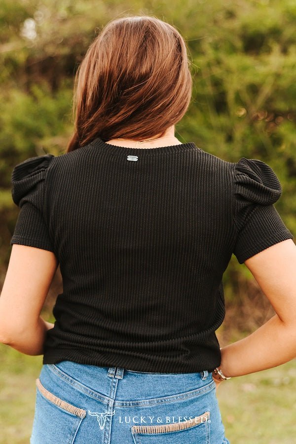LUCKY & BLESSED "Midnight Western" Ribbed Puff Sleeve Top — Black Buttery-Soft Stretch Cowgirl Staple - Quarter Circle AK Boutique