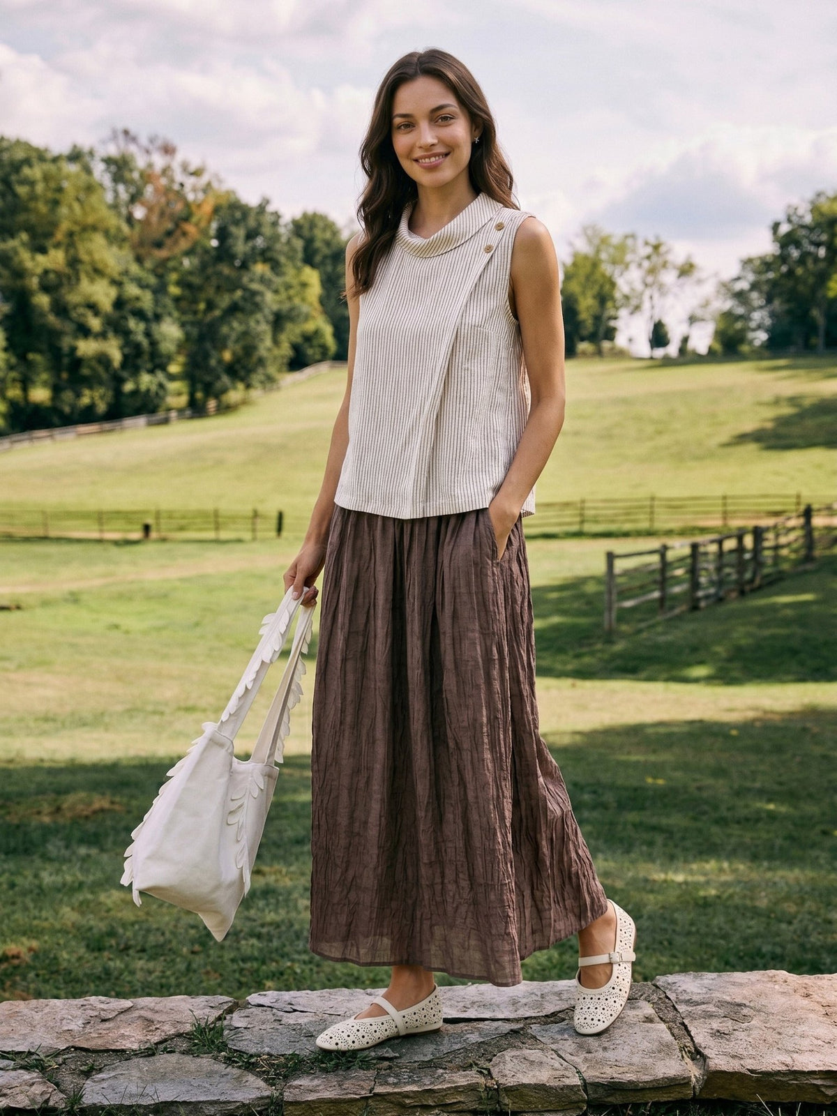 Lyocell Textured Pleated Waist Skirt ROSAMUND - Quarter Circle AK Boutique