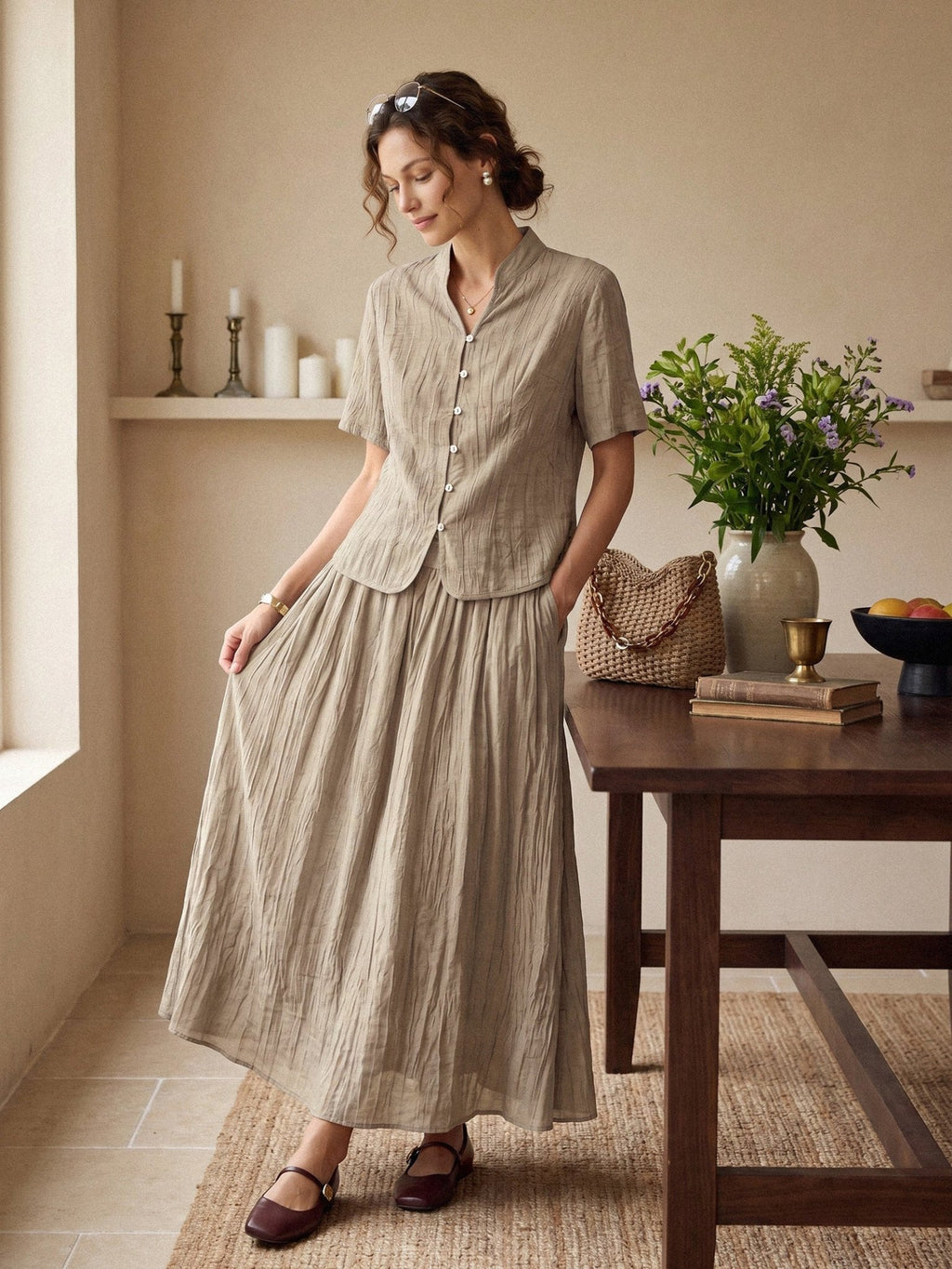 Lyocell Textured Pleated Waist Skirt ROSAMUND - Quarter Circle AK Boutique