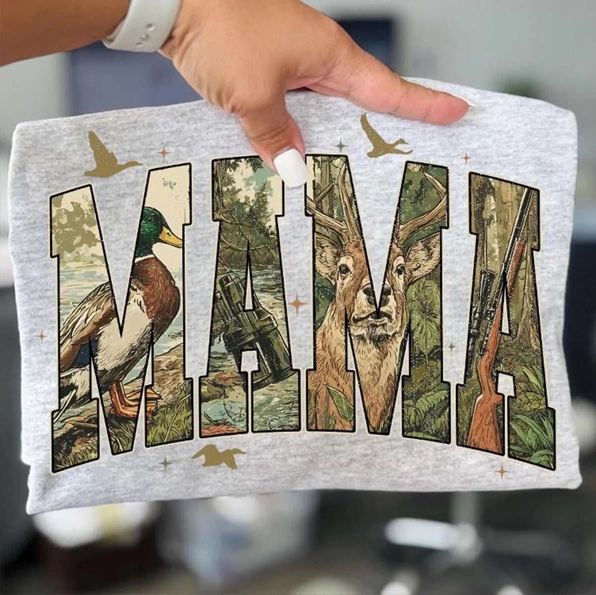 Mama deer camo, gun, & duck hunting tee or sweatshirt - Quarter Circle AK Boutique