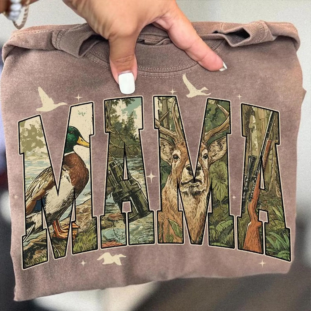 Mama deer camo, gun, & duck hunting tee or sweatshirt - Quarter Circle AK Boutique