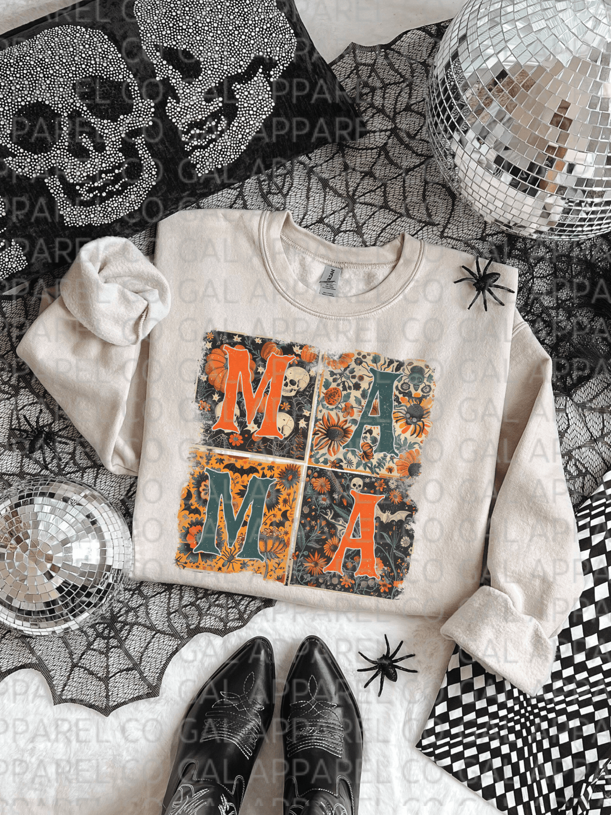 Mama retro FAN FAV spooky block sweatshirt & tee skulls, bats, ghost spooky fun - Quarter Circle AK Boutique