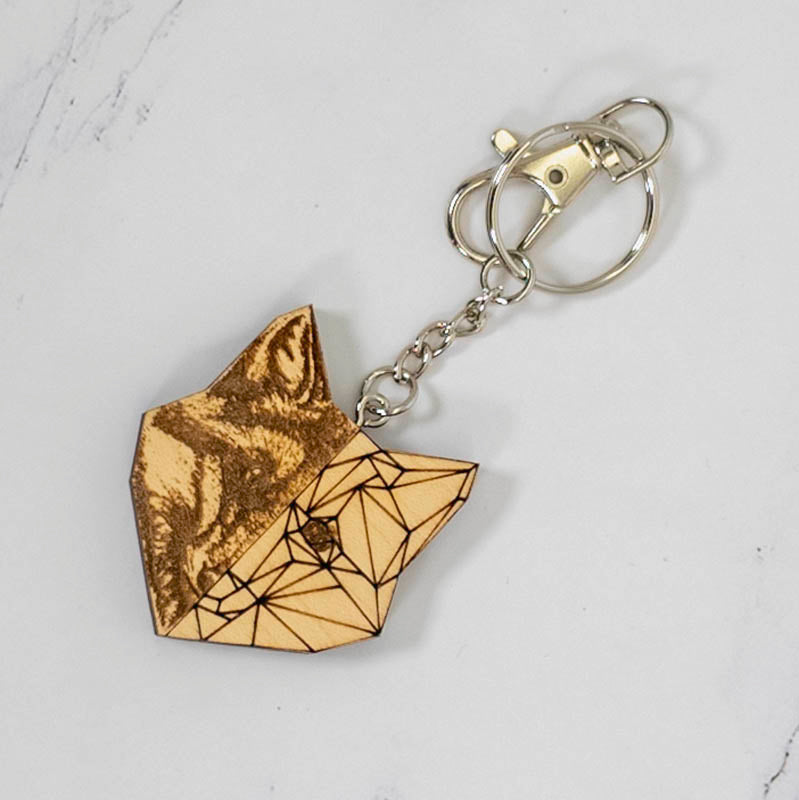 Geometric Half Fox Wood Keychain