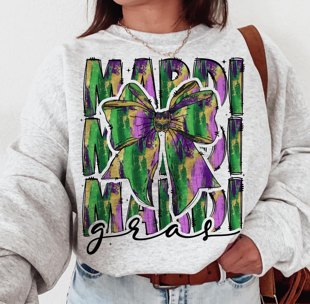Mardi Mardi Mardi gras water color with bow tee & sweatshirt - Quarter Circle AK Boutique