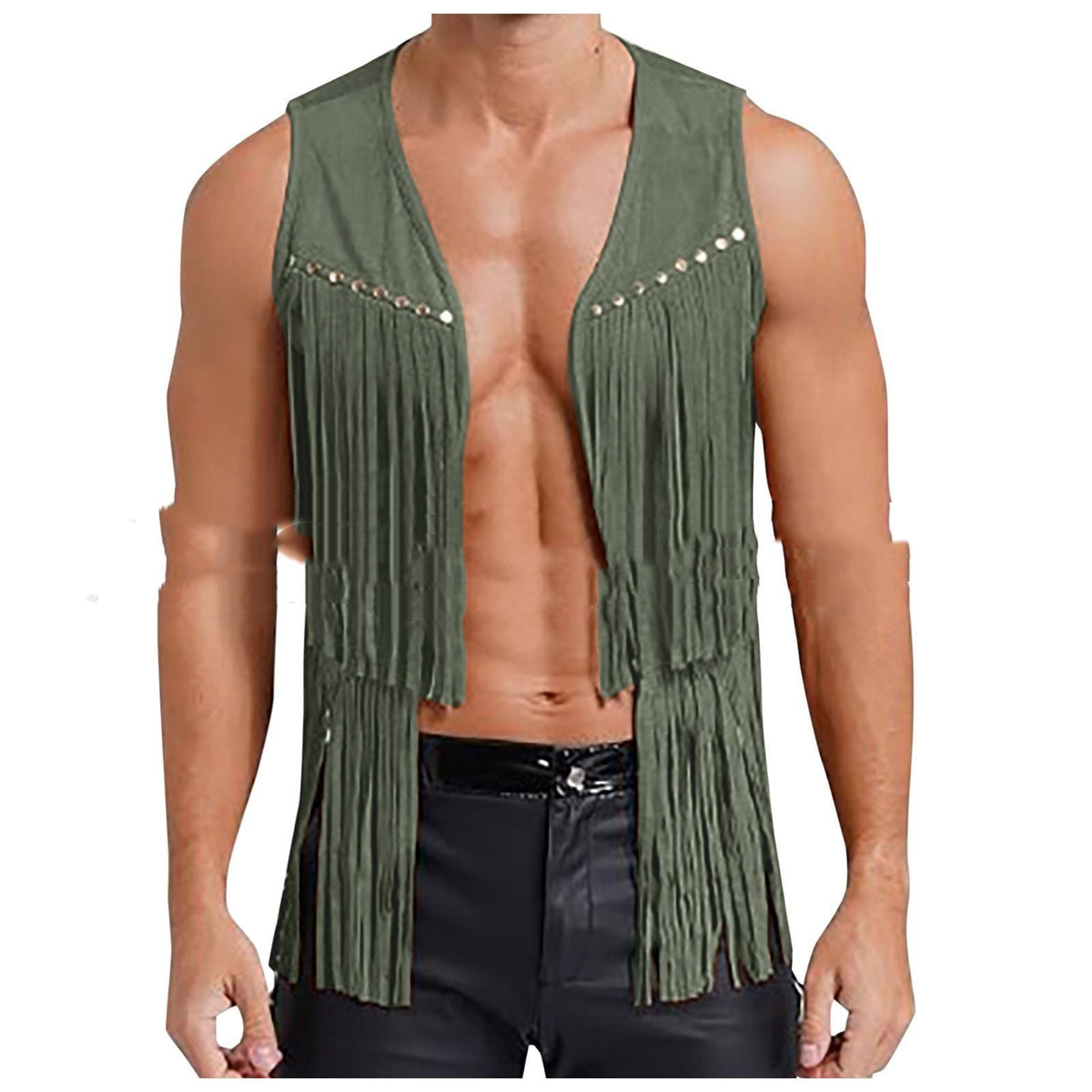 Men's Suede Sleeveless Vneck Rivet Tassel - Quarter Circle AK Boutique