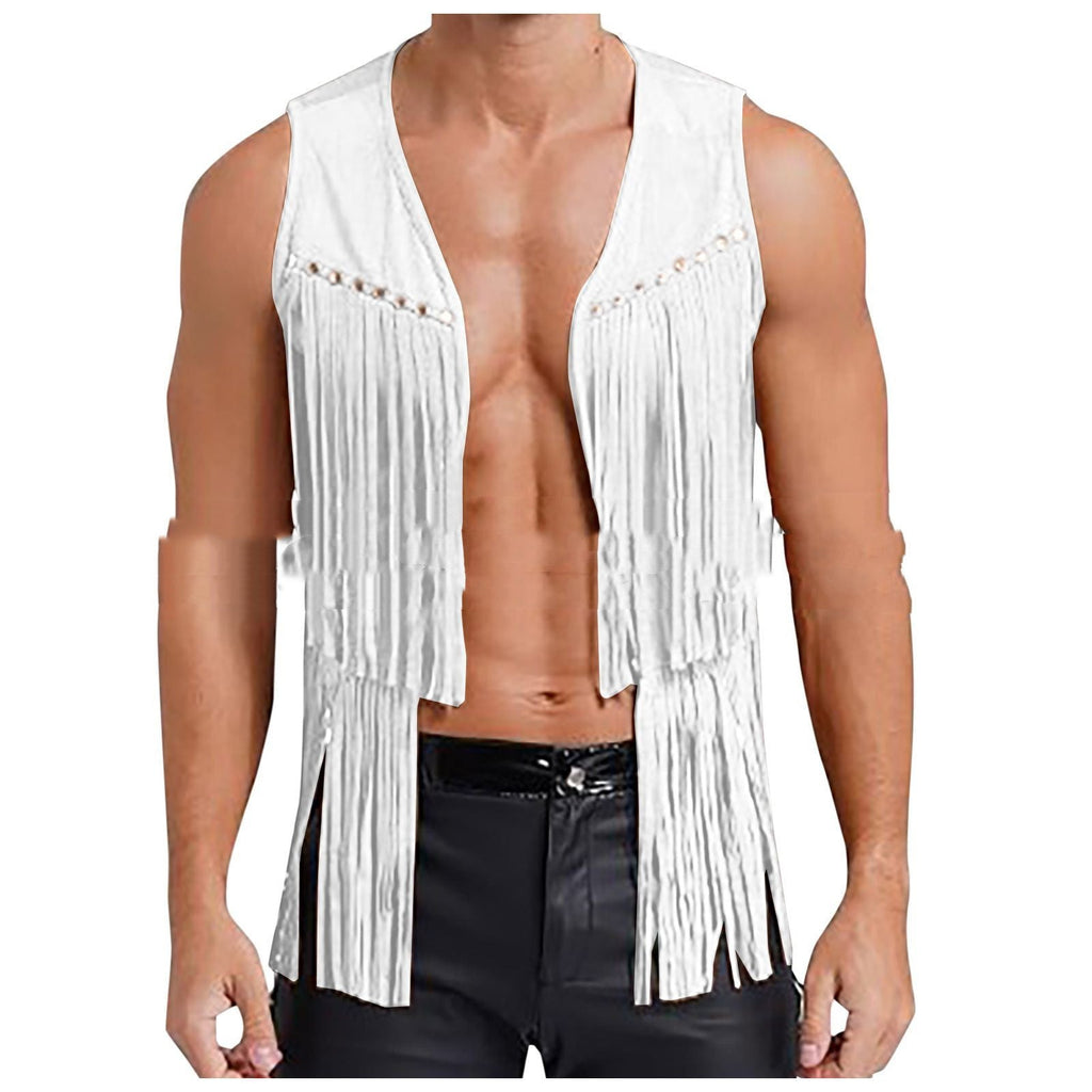 Men's Suede Sleeveless Vneck Rivet Tassel - Quarter Circle AK Boutique