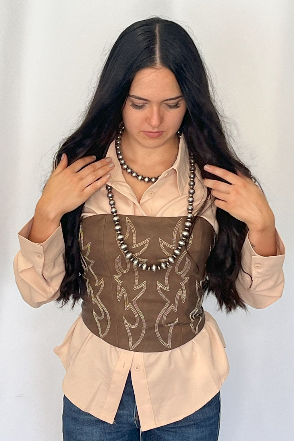 LUCKY & BLESSED "Mercedes" Beige Western Button-Down Shirt — Tailored Long-Sleeve Cowgirl Staple