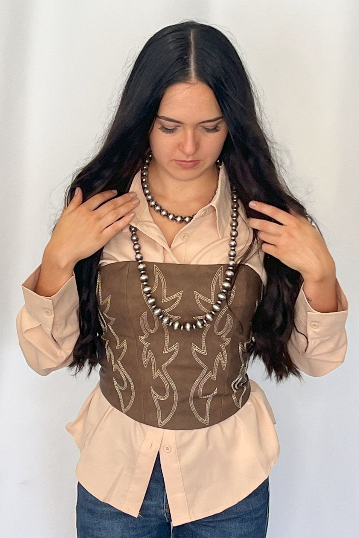LUCKY & BLESSED "Mercedes" Beige Western Button-Down Shirt — Tailored Long-Sleeve Cowgirl Staple