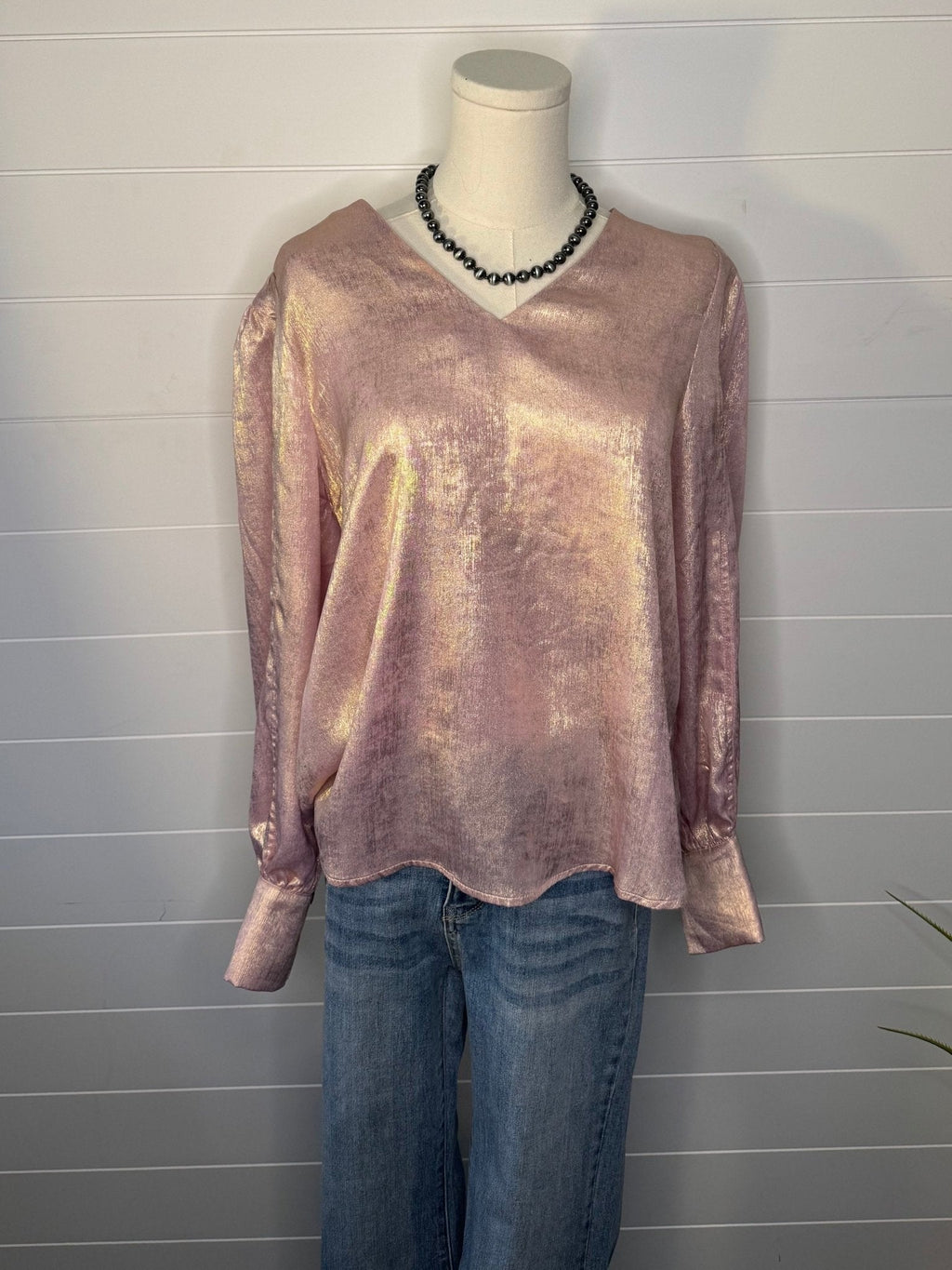 Jodifl Metallic Western V-Neck Puff Sleeve Blouse — Lightweight Elegant Layering Piece