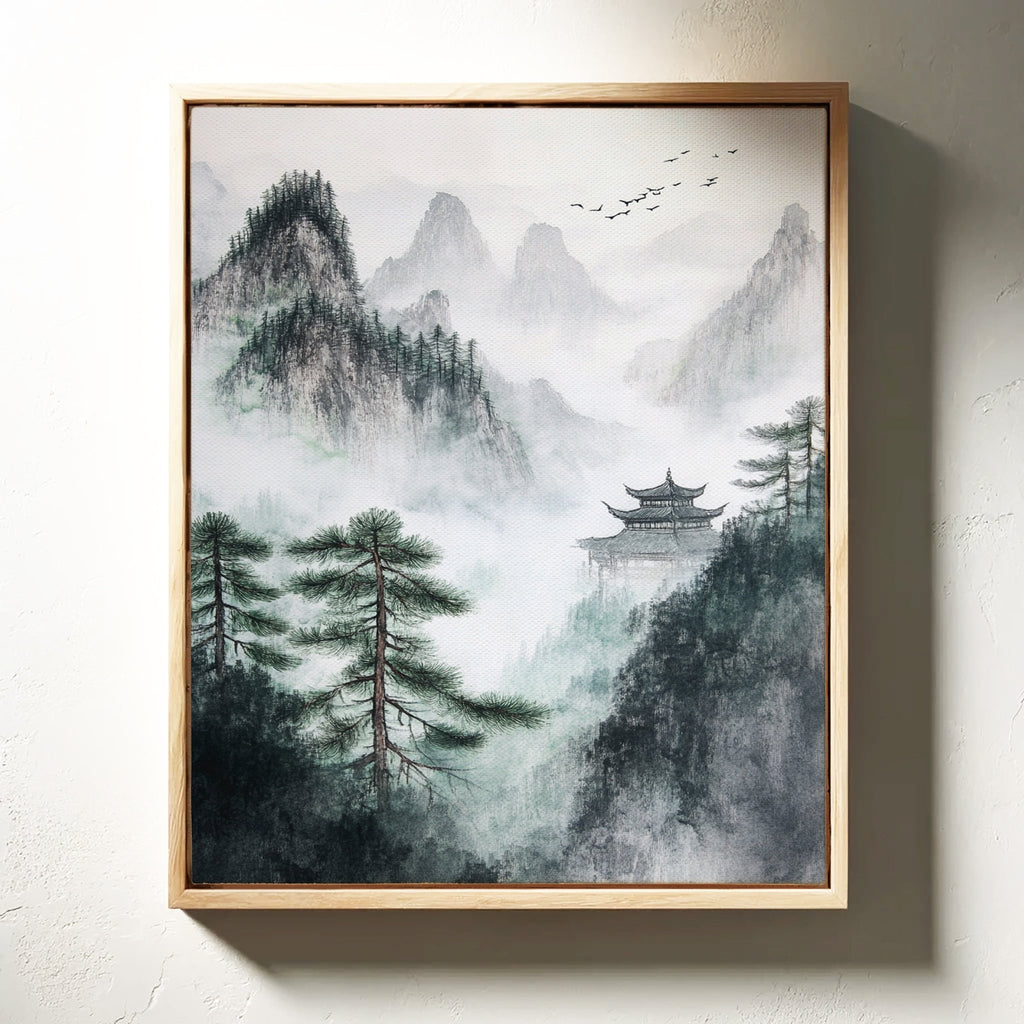 Misty Mountain Landscape – Tranquil Chinese Zen Wall Art - Quarter Circle AK Boutique