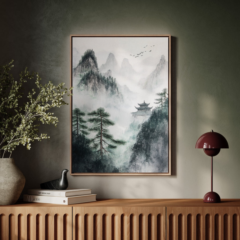 Misty Mountain Landscape – Tranquil Chinese Zen Wall Art - Quarter Circle AK Boutique