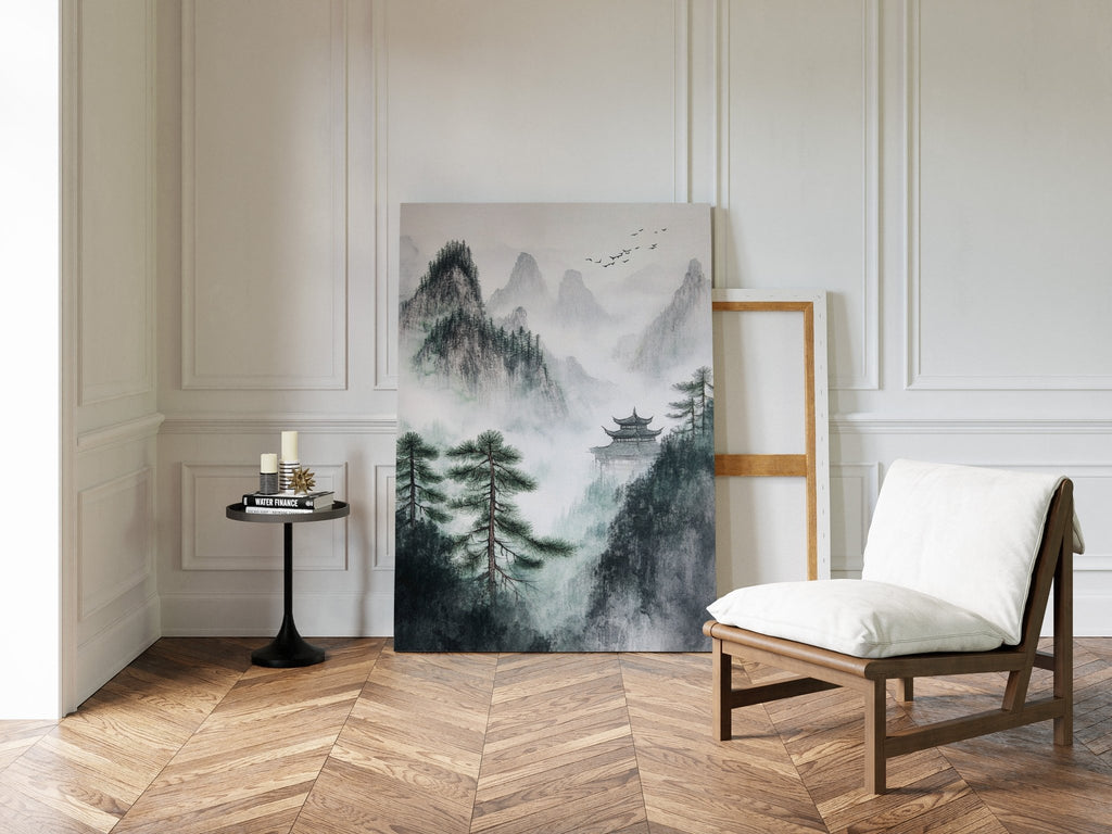 Misty Mountain Landscape – Tranquil Chinese Zen Wall Art - Quarter Circle AK Boutique