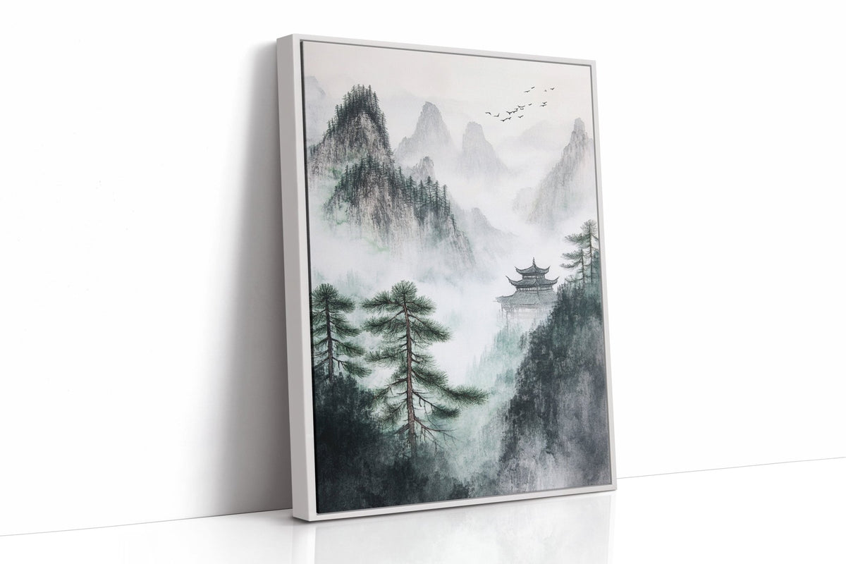 Misty Mountain Landscape – Tranquil Chinese Zen Wall Art - Quarter Circle AK Boutique