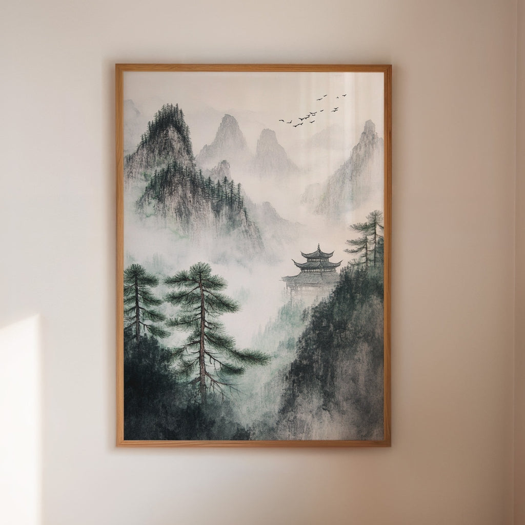 Misty Mountain Landscape – Tranquil Chinese Zen Wall Art - Quarter Circle AK Boutique