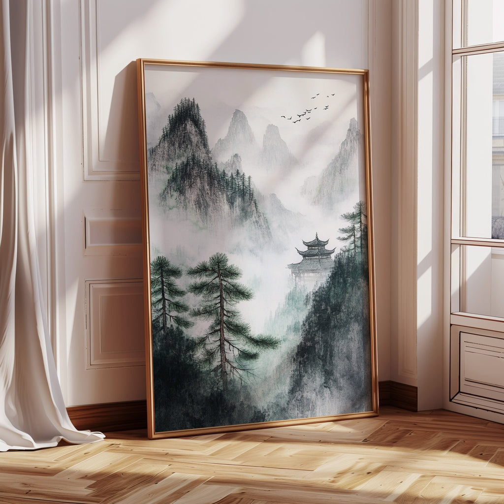 Misty Mountain Landscape – Tranquil Chinese Zen Wall Art - Quarter Circle AK Boutique