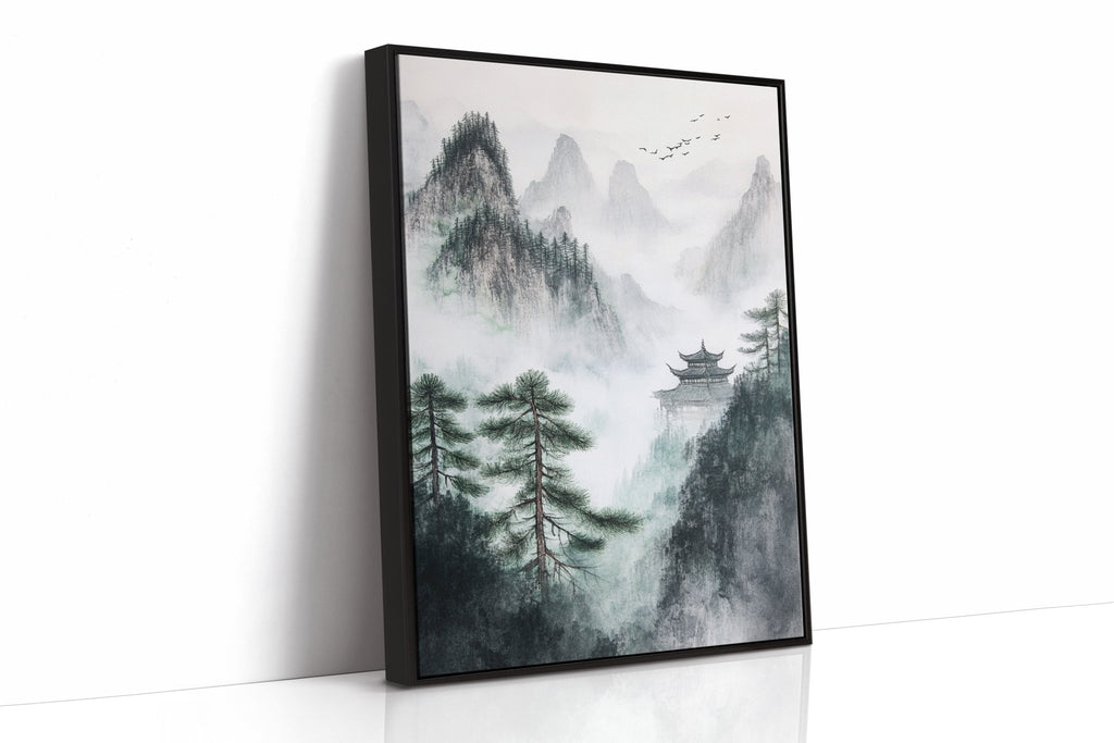 Misty Mountain Landscape – Tranquil Chinese Zen Wall Art - Quarter Circle AK Boutique