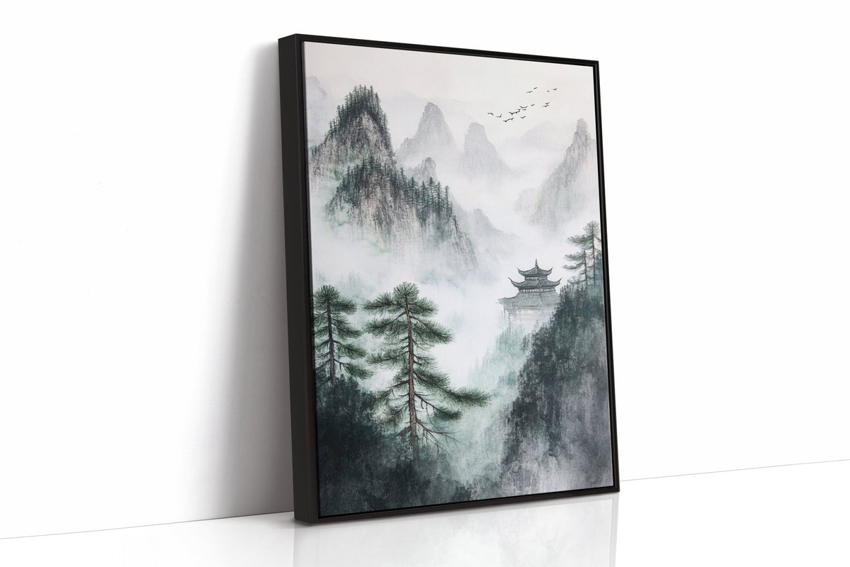 Misty Mountain Landscape – Tranquil Chinese Zen Wall Art - Quarter Circle AK Boutique