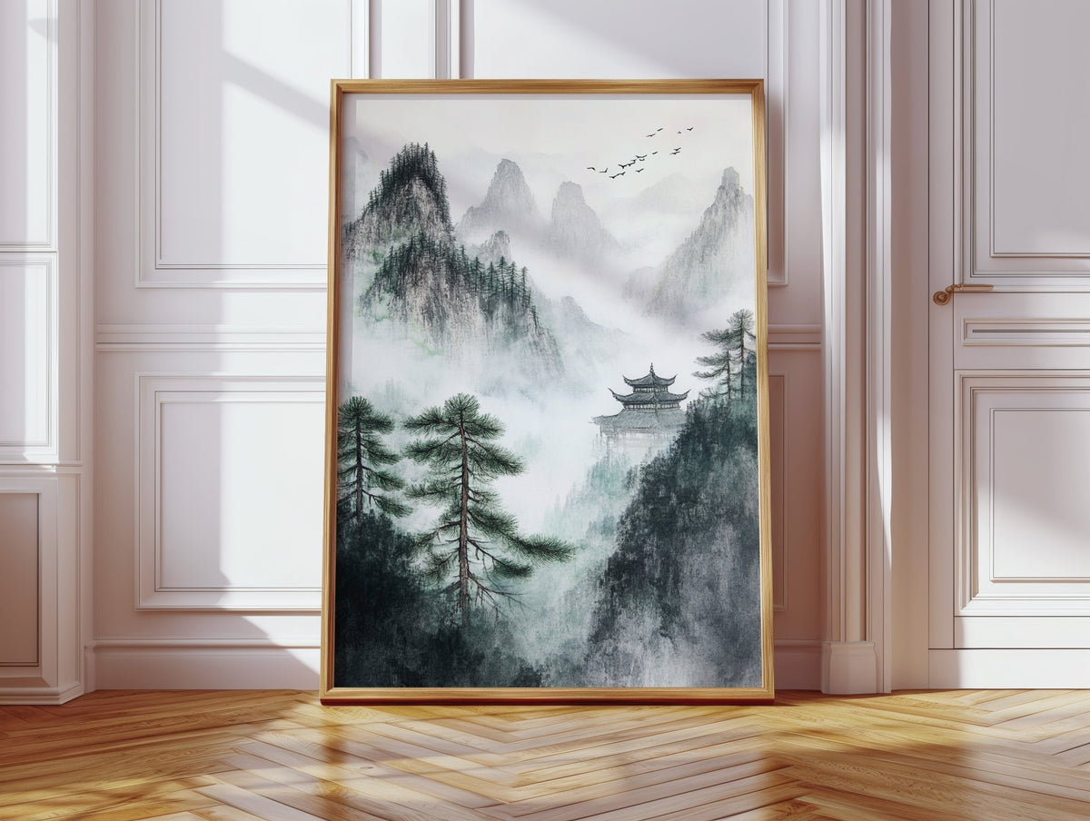 Misty Mountain Landscape – Tranquil Chinese Zen Wall Art - Quarter Circle AK Boutique