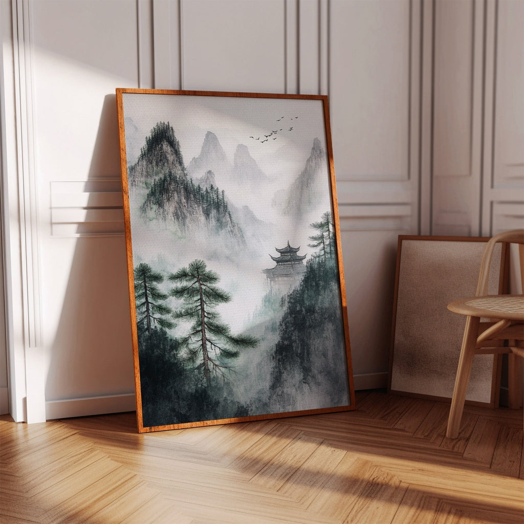 Misty Mountain Landscape – Tranquil Chinese Zen Wall Art - Quarter Circle AK Boutique