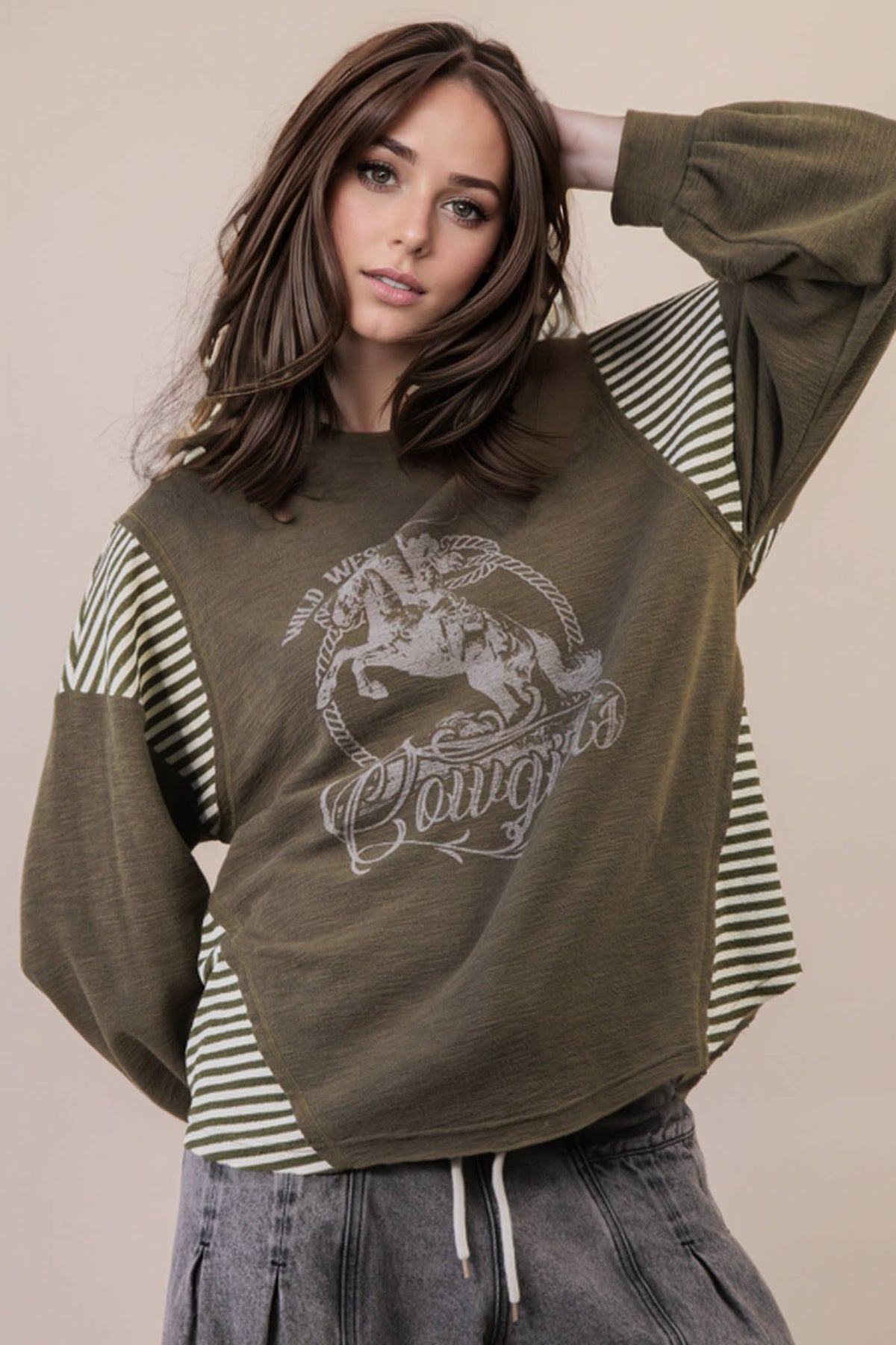 VERY J "Wild West Cowgirls" Western Graphic Knit Top — Oversized Mixed Media (Taupe or Olive)