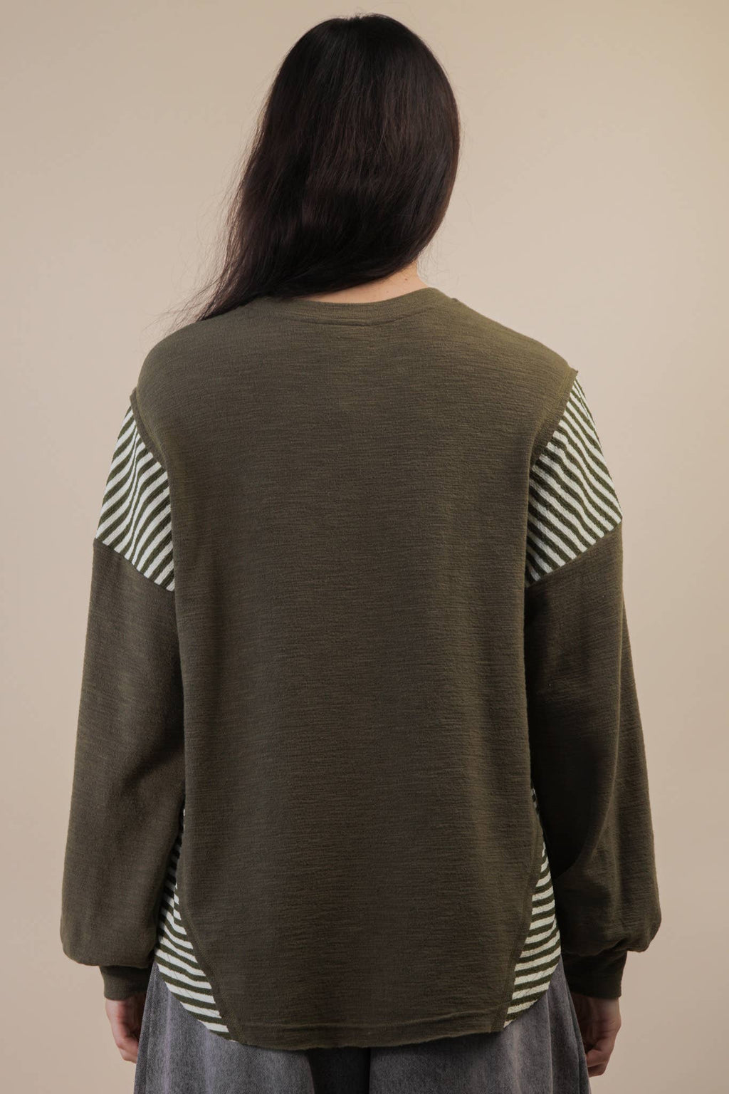 VERY J "Wild West Cowgirls" Western Graphic Knit Top — Oversized Mixed Media (Taupe or Olive)