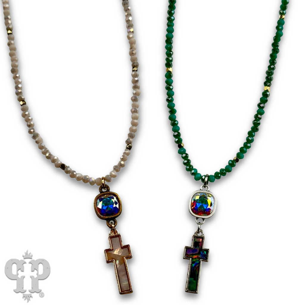 Pearl finish cross charm necklace with crystals from Swarovski®