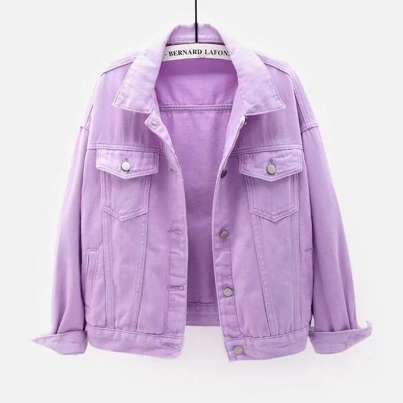 New Stunning Women's Plus Size Denim Jacket Spring Autumn Short Coat Pink Jean Jackets Casual Tops Purple Yellow White Loose Outerwear - Quarter Circle AK Boutique