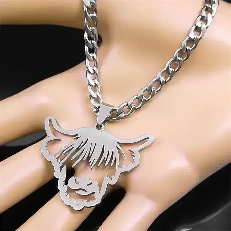 Highland Cattle Cow Necklace, Stainless Steel Jewelry Pendant Gifts