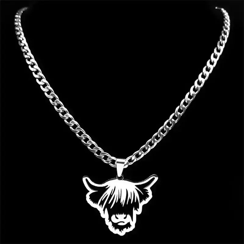 Highland Cattle Cow Necklace, Stainless Steel Jewelry Pendant Gifts