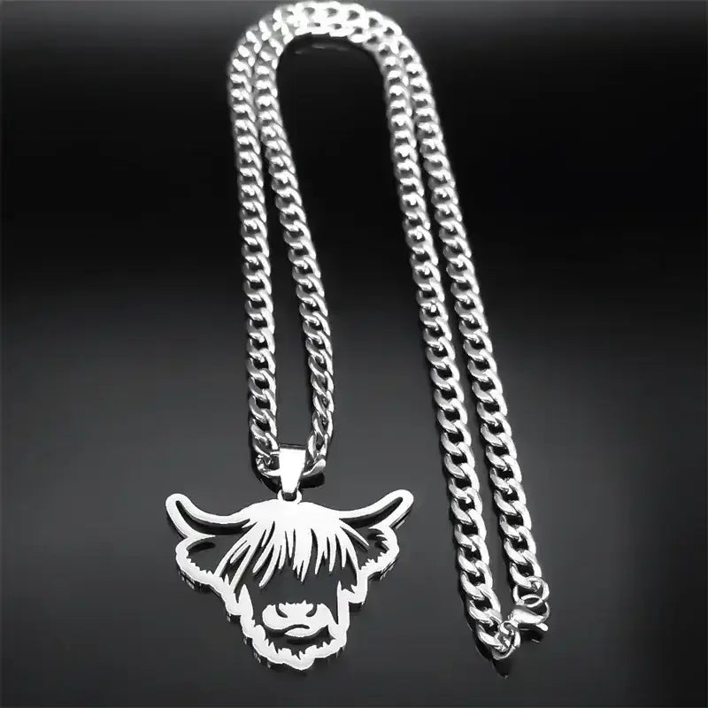 Highland Cattle Cow Necklace, Stainless Steel Jewelry Pendant Gifts