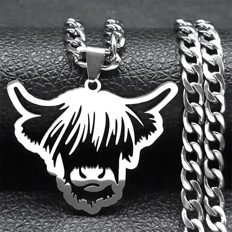 Highland Cattle Cow Necklace, Stainless Steel Jewelry Pendant Gifts