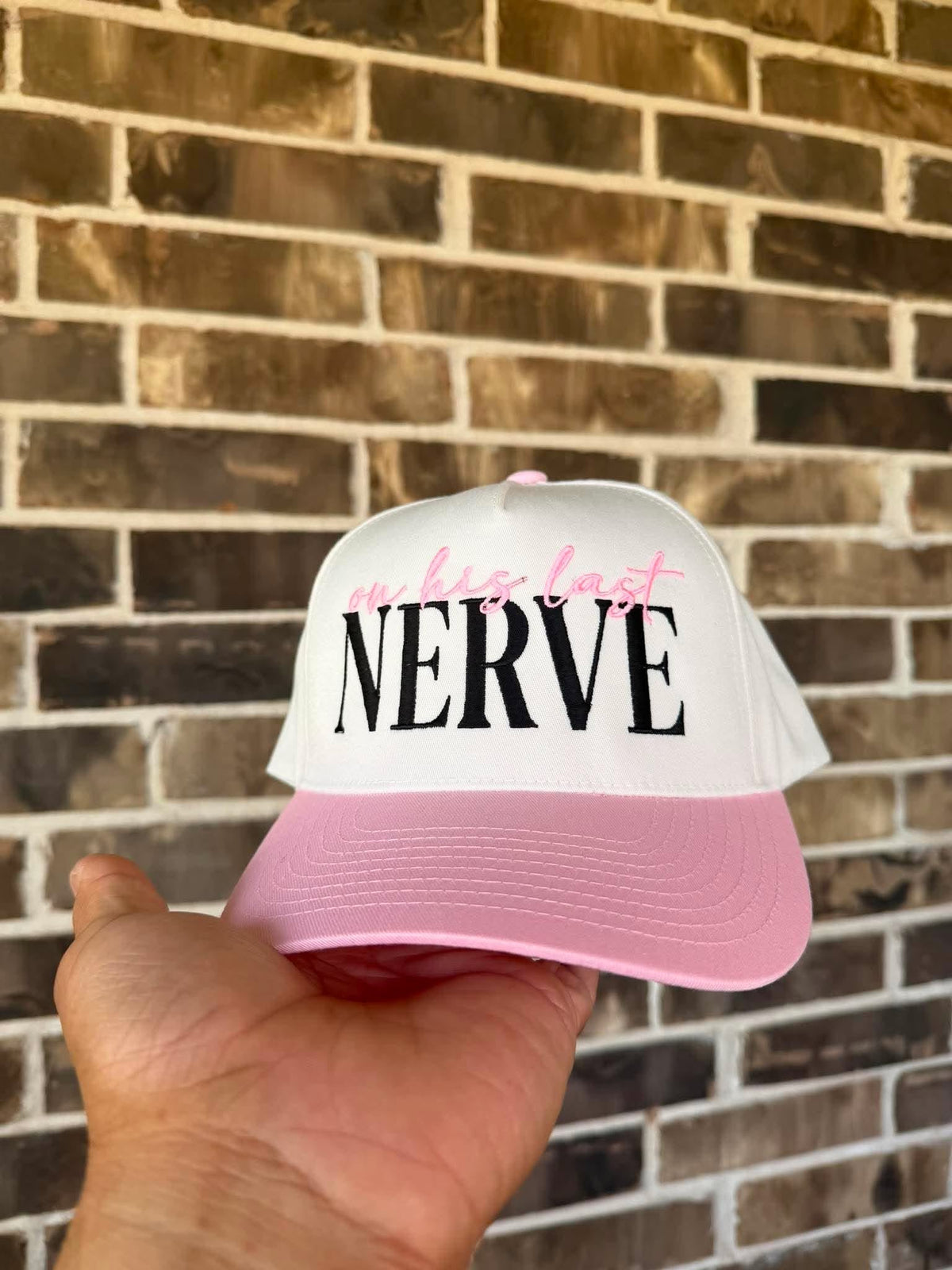 On His Last Nerve Pink Embroidered Snapback Hat | Funny Wife Trucker Cap - Quarter Circle AK Boutique