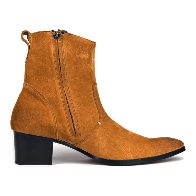 OSSTONE Men Chelsea Ankle Boots Leather Heeled Boots With Side Zipper Cuban Heel Dress Boots Disco Shoes OS-JY002 SUEDE - Quarter Circle AK Boutique